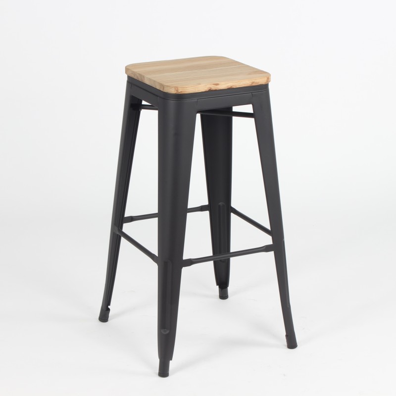 Tabouret Mix noir mat avec assise en bois rustique