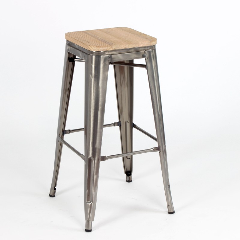 Tabouret Mix métallisé avec assise en bois à petit prix